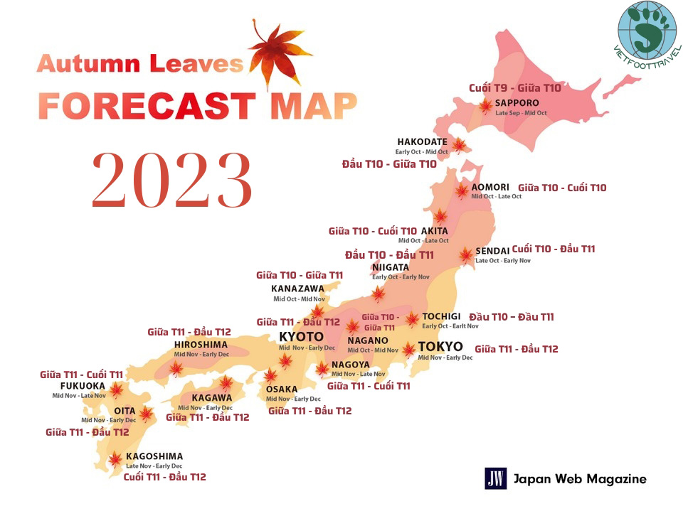 LỊCH NGẮM MÙA LÁ ĐỎ NHẬT BẢN 2023