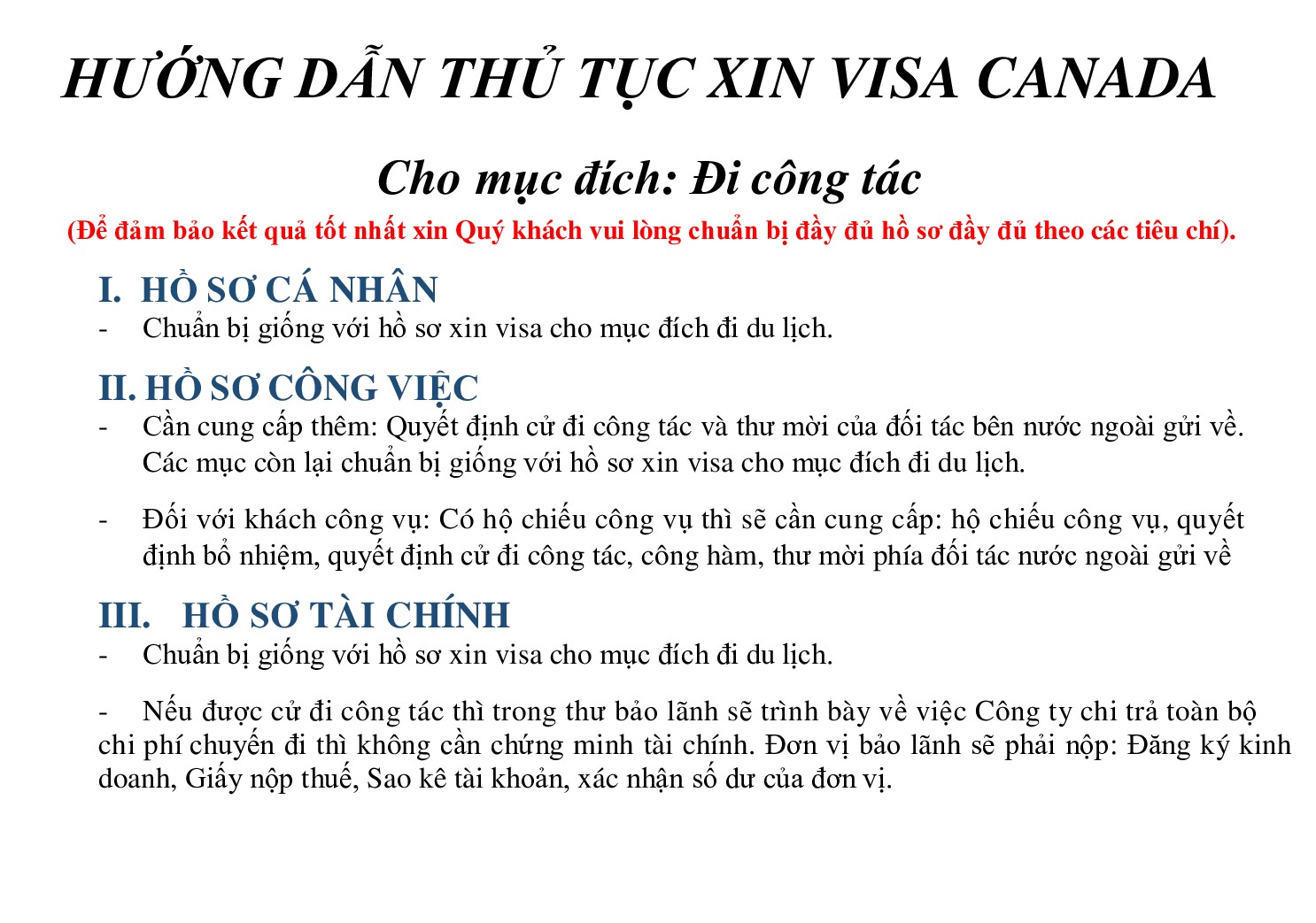 Hồ sơ và thủ tục Visa Canada công tác