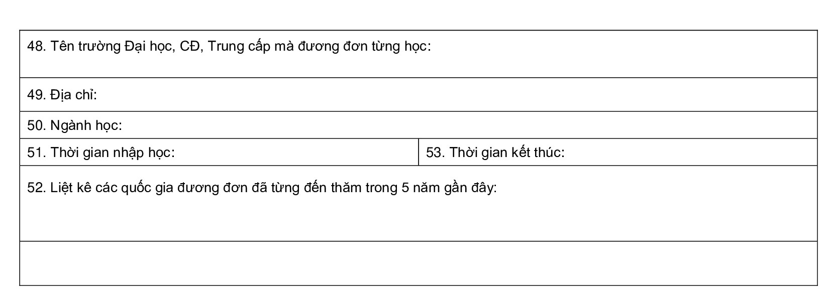 Mẫu thông tin tờ khai Visa Canada