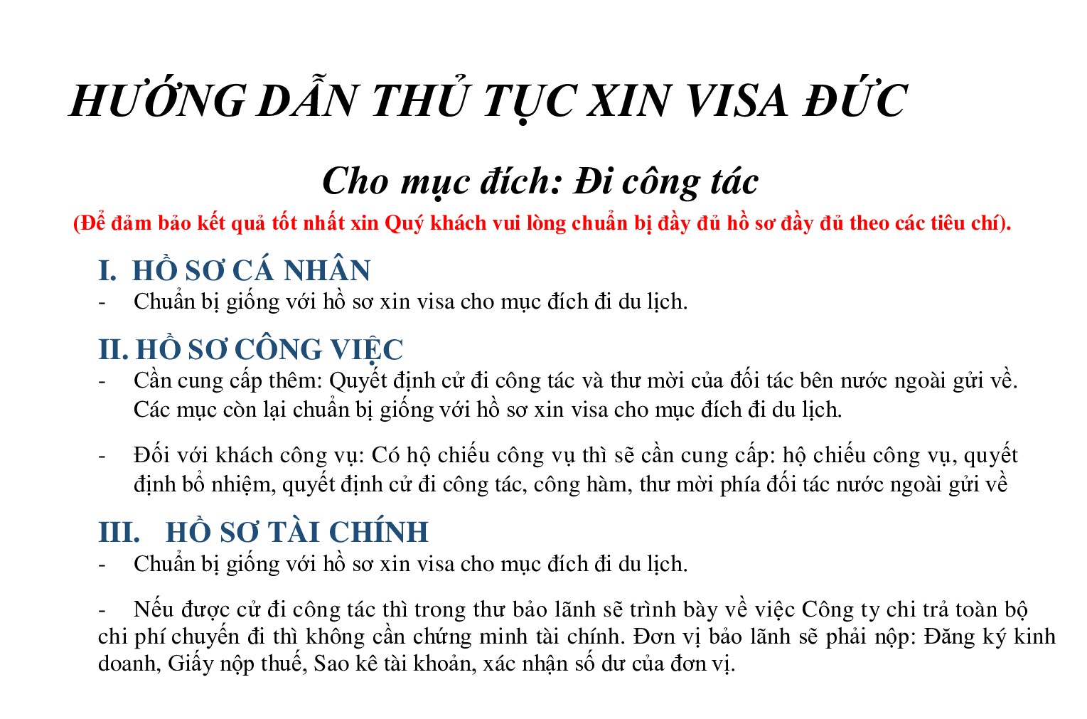 Hồ sơ và thủ tục Visa Đức công tác