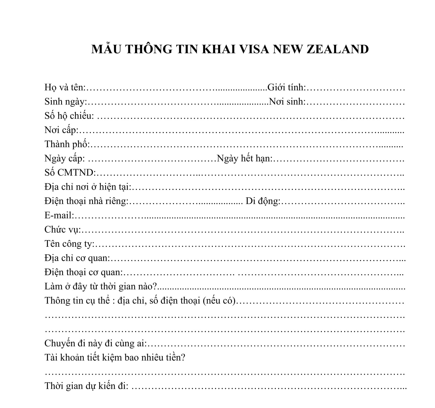 Mẫu thông tin tờ khai Visa New Zealand