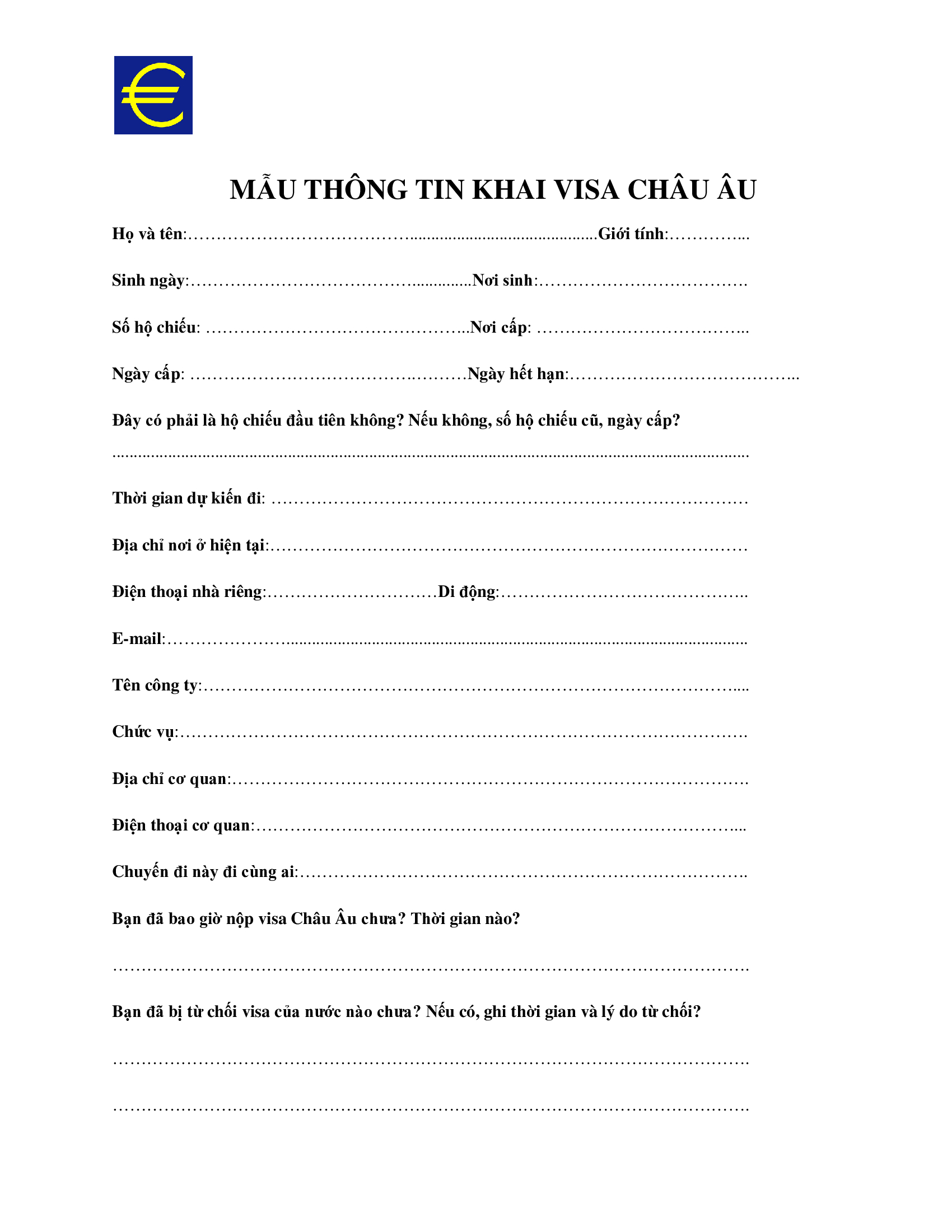 Mẫu thông tin tờ khai Visa Đức