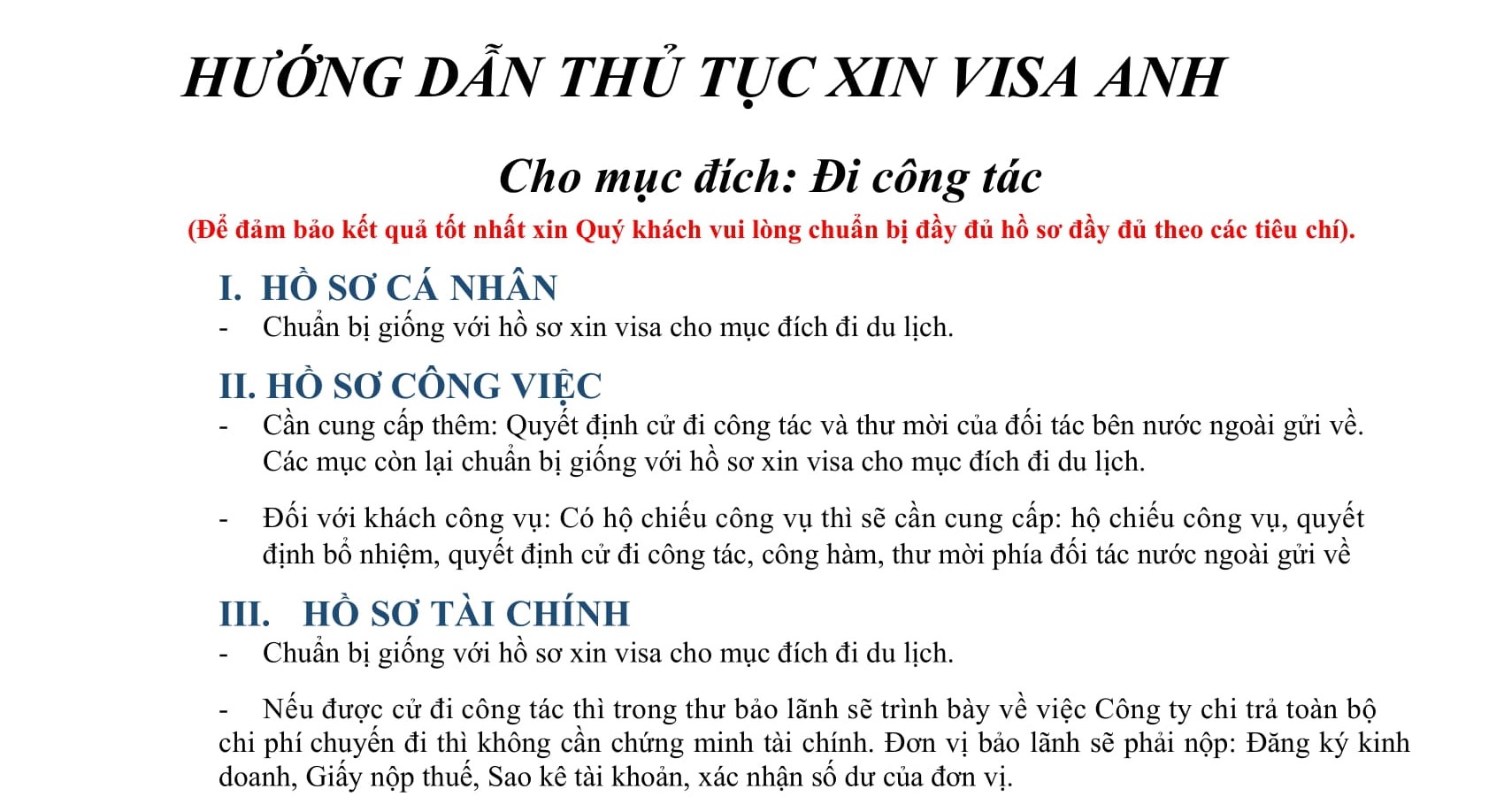 Hồ sơ và thủ tục Visa Anh công tác