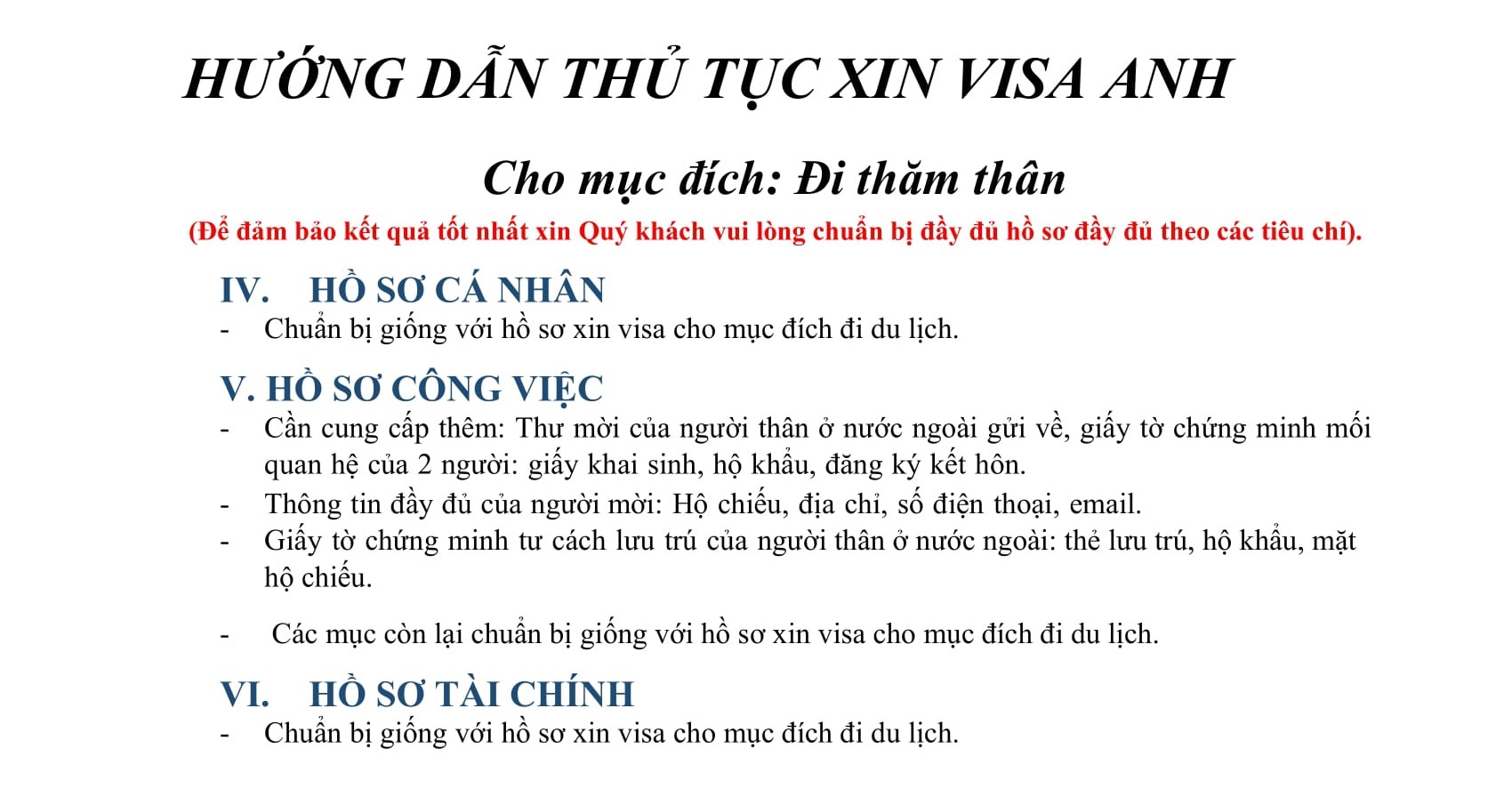 Hồ sơ và thủ tục Visa Anh thăm thân