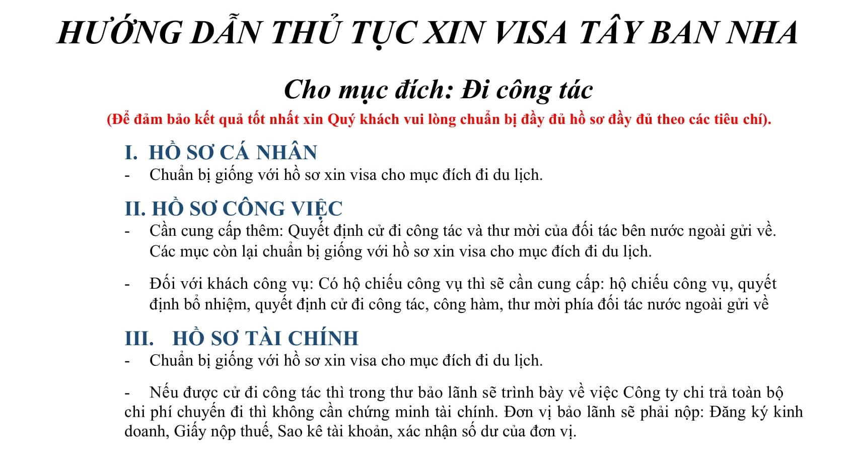 HỒ SƠ VÀ THỦ TỤC VISA TÂY BAN NHA CÔNG TÁC