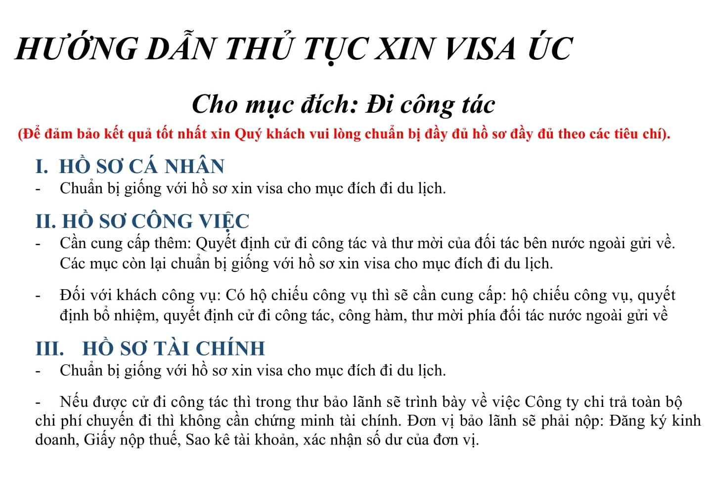 Hồ sơ và thủ tục Visa Úc công tác